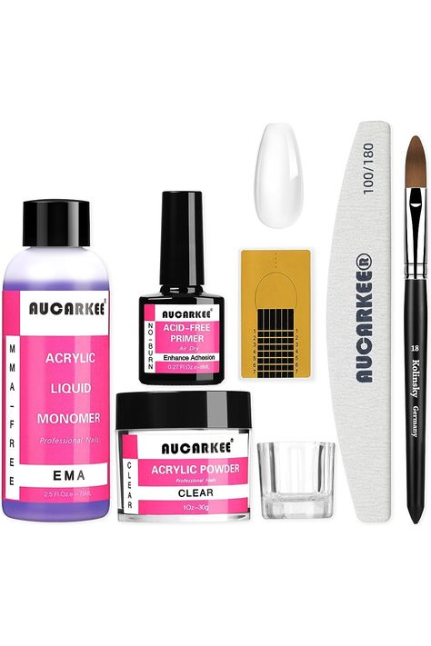 Aucarkee Acrylic Nail Kit with Primer, 1oz Clear Acrylic Powder and 2.5 Fl.oz EMA Liquid Monomer Set for Beginners with Kolinsky Brush Nail Forms File for Nail Extension Carving Rhinestone Adhesive Dappen Dish, Clear Acrylic Nails, Acrylic Nail Powder, Acrylic Liquid, Acrylic Nail Kit, Nail Forms, Acrylic Nail Art, Acrylic Powder, Nail Extensions