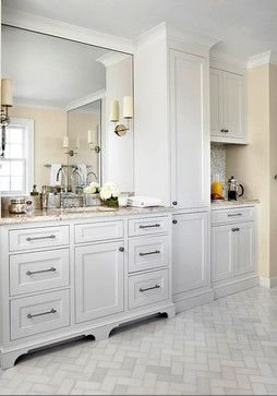 Coffee station in bathroom- yes please! 6th Street Design School | Kirsten Krason Interiors White Shaker Bathroom Cabinets, Off White Bathroom, Morning Bar, Marble Herringbone Floor, Bathrooms Sinks, Beautiful Master Bathrooms, Suite Master, Vanities Bathroom, Oak House