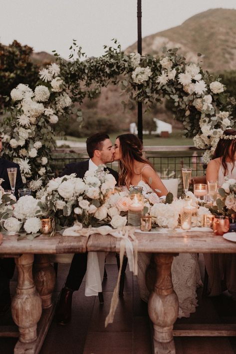 romantic head table design and decor with floral arch Head Table Design, Wedding Couple Table, Head Table Wedding Decorations, Brides Table, Calamigos Ranch Wedding, Head Table Wedding, Sweetheart Table Wedding, West Coast Wedding, Head Table