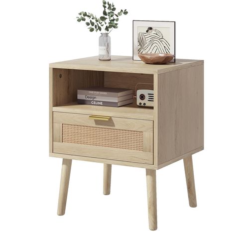 PRICES MAY VARY. Strong and Durable Construction: This rattan nightstand measures 17.71 "L x 15.74 "W x 21.77 "H. The drawer is decorated with high-quality rattan, and the drawer's slides pull silky smooth, so you can pull out the drawer effortlessly by just gently pulling the gold handle. The rattan end table material is made of MDF material, which is not easy to deform, and the four supporting feet are made of solid wood, which retains the original wood texture Rattan Design: wood nightstand w Natural Wood Bedside Table, Bedroom Natural Wood, Nightstand Mid Century, Shelf Mid Century, Boho Bedside Table, Boho Nightstand, Rattan Nightstand, Mid Century Modern Nightstand, Nightstand Decor