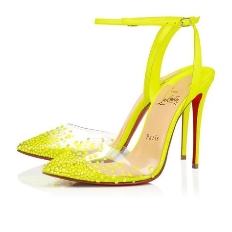 Yellow Crystals, Louboutin Online, Dr Shoes, Ankle Strap Sandals Heels, Christian Louboutin Heels, Pumps Heels Stilettos, Louboutin Shoes, Neon Yellow, Ankle Strap Sandals