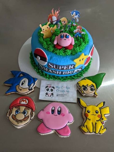 Smash Brothers Birthday Party, Kirby Birthday Party Ideas For Boys, Kirby Cookies, Smash Bros Cake, Super Smash Bros Cake, Kirby Birthday Cake, Super Smash Bros Party, Kirby Party, Strawberry Cake Filling