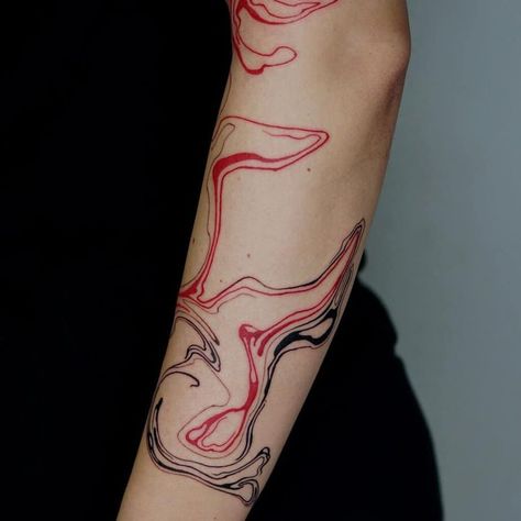 Red Work Tattoo, Black And Red Tattoo Sleeve, Red And Black Ink Tattoos, Red Abstract Tattoo, Red And Black Tattoo Ideas, Tattoo Red And Black, Red And Black Tattoos, Linear Tattoos, Red Black Tattoo