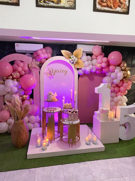 Pink And Rose Gold Sweet 16 Decorations, Barbi Them Birthday Decoration, 15 Party Ideas Quinceanera Decoration, Fifty Shades Of Pink Party Ideas, 15th Birthday Decoration Ideas, 15th Birthday Decorations, 15th Birthday Party Ideas, Quince Themes, Sweet 16 Party Decorations