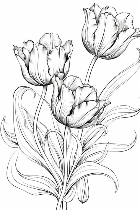 Drawing Dahlia Flowers, Tulips Sketch Pencil, Spring Sketches Drawings, Flower Line Drawing Botanical Illustration, Tiger Tattoo Sketch, Hur Man Ritar Blommor, Beautiful Spine Tattoos, Tulip Drawing, Flower Pattern Drawing