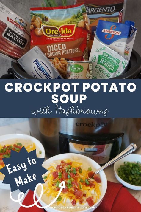 This crockpot potato soup with hashbrowns is the perfect homemade comfort food for a cold, winter day. This easy and simple slow cooker recipe creates a hearty and comforting meal that's perfect for both dinner and lunch. It's a family-friendly recipe to warm you up during chilly weather. Crockpot Potato Soup With Hashbrowns, Soup With Hashbrowns, Potato Soup With Hashbrowns, Easy Crockpot Potato Soup, Crockpot Potato Soup, Crockpot Potato, Frozen Hash Browns, Potato Soup Crock Pot, Easy Crockpot Dinners