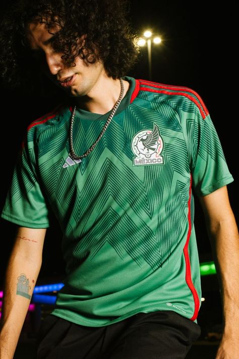 Adidas once again dip into ancient Aztec culture and heritage of the Mexico region to draw colorful and truly inspired design direction for the Mexican National Team. On the 22/23 Home Jersey, they’re finally back to their traditional green colorway, along with an aesthetically vibrant design inspired by the penacho (or copilli) of the ancient Aztec deity known as Quetzacoatl. Jersey Mexico 2022, Mexico Jersey Outfit, Mexican National Team, Mexico Soccer Shirt, Soccer Team Shirts, Mexico Soccer Jersey, Flaming Hot, Mexico Soccer, Aztec Culture