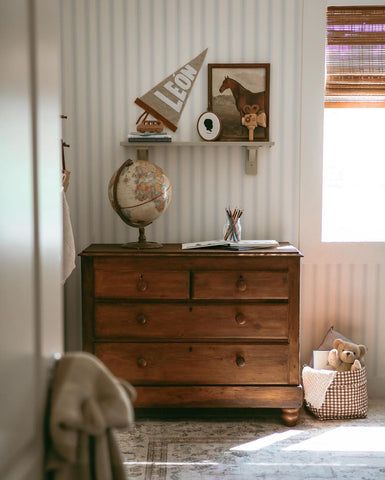 7 Ways to Incorporate a Pennant into your Home Stripe Nursery Wallpaper, Vintage Music Nursery, Boy Nursery With Wallpaper, Old Money Boy Nursery, Boys Room With Wallpaper, Whimsical Boy Nursery, Above Crib Decor Boy, Boy Vintage Nursery, Vintage Nursery Wallpaper