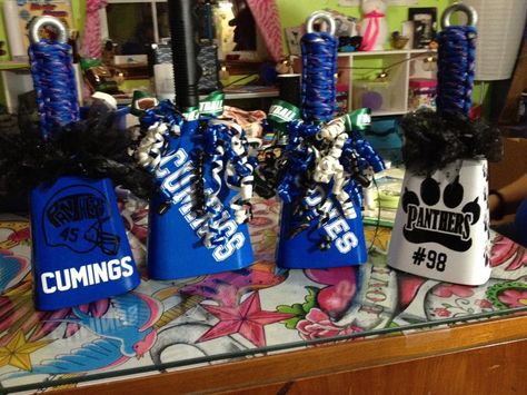 Cow bells for football Cow Bells Football, Cow Bell Decor Ideas Football, Football Cowbell Ideas, Spirit Cowbell, Cowbell Decorations Football, Football Cowbells, Cowbell Decorations, Cow Bell Decor, Football Poster Ideas