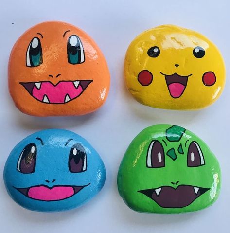 Rock Painting Pokemon, Pikachu Rock Painting, Rock Painting Ideas Pokemon, Pokemon Rocks Painting, Disney Painted Rocks Easy, Pokemon Painted Rocks, Pokemon Crafts For Kids, Pokemon Stones, Stone Painting Ideas