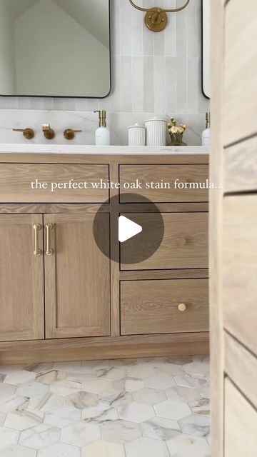 Braido Targa on Instagram: "If you’ve ever looked for a white oak stain, YOU KNOW THE STRUGGLE lol. I went through several formulas until I found the perfect one—no yellow, orange, or pink undertones! It pairs perfectly with both brass and black finishes and complements the warmer tones in this bathroom. Screenshot the label in this reel and get it mixed at any Sherwin Williams or paint store.  Save this for reference if you want to come back to it later.  Please check our blog with more details: https://braidotargaconstruction.com/blogs/news/the-ultimate-guide-to-staining-white-oak-achieve-a-perfect-finish  PSA: ALWAYS test the stain on a smaller piece of white oak in the room you’ll be using it and place it with other materials/finishes. This is SO important as stains look different in v White Oak Stains For Cabinets, White Oak Paint Color, White Oak Stain Formula, Wood Vanities Bathroom, White Oak Stain, White Oak Bathroom, Furniture Stripping, Cabinet Stain, Paint Store