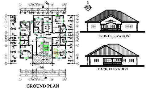 Architecture House Plan And Elevation Complete Drawing - Cadbull the architecture 50' X 58' house plan design includes 4 bedrooms, modular kitchen, living room, dining area, drawing room and porch area with all dimension detail in footing format. also has front and rear elevation design with sloping roof design. download Architecture house plan design DWG file. House Plan And Elevation, Bungalow House Floor Plans, Plan And Elevation, House Design Drawing, Cottage House Designs, 4 Bedroom House Designs, Plan Elevation, Architecture House Plan, Bungalow Floor Plans