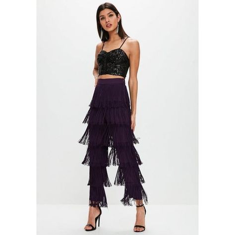 Missguided Purple Tiered Fringe Pants ($60) ❤ liked on Polyvore featuring pants, purple, purple trousers, fringe pants, missguided trousers, highwaist pants and tiered pants Gatsby Party Outfit Women Pants, Gatsby Party Outfit Women, Gatsby Party Outfit, Gatsby Outfit, Fringe Pants, Party Outfits For Women, Coachella Fashion, Gatsby Party, Satin Pants