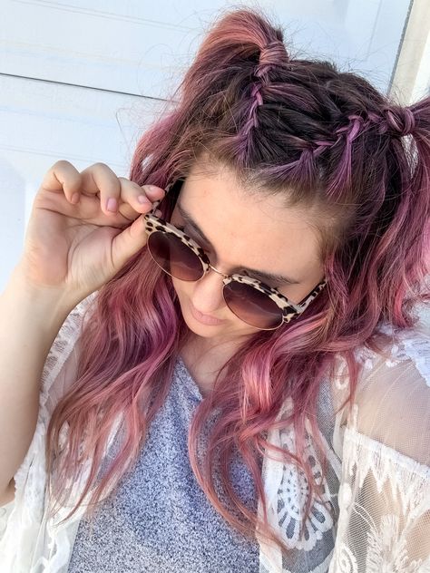 Two French braids at the crown of your head with pink hair French Braid Festival Hair, French Braids With Pink Extensions, Head Down, French Braids To Pigtails, Pink Festival Braids, French Braid Pigtails Long Hair, Double French Braid, Softball Hair Braids, French Braid Short Hair