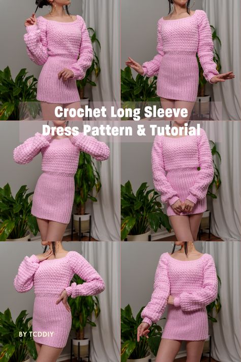 Love crochet? Then this is the perfect pattern for you! Our stylish crochet garment pattern is perfect for showing off all your best assets. With detailed instructions and diagrams, you’ll have this top in no time. So click for the pattern and get ready to wow everyone with your crochet skills! #crochet #crochetpattern #crochettutorial Crochet Sweater Dress Pattern Free, Long Sleeve Dress Pattern, Sweater Dress Pattern, Dress Pattern Pdf, Crochet Pattern Tutorial, Crochet Sweater Dress, Tank Top Pattern, Long Sleeve Fitted Dress, Dress Patterns Free