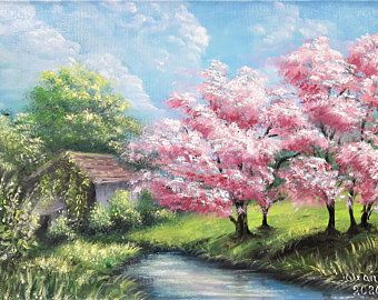 Ocean Landscape Painting, Landscape Pencil Drawings, Landscape Architecture Drawing, Art Landscapes, Landscape Paintings Acrylic, Landscape Art Painting, Spring Landscape, Acrylic Painting For Beginners, Pink Trees