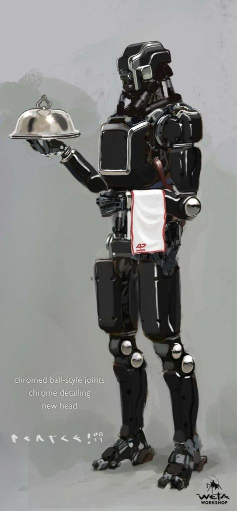 Mardane Butler Elysium Concept Art, Robot Waiter, Futuristic Robot, Star Wars Droids, New Retro Wave, Weta Workshop, Cool Robots, Workshop Design, A Robot