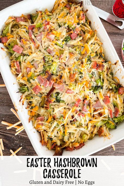 Use up your leftover Easter ham to make this Easter Hashbrown Casserole that’s packed with flavor. This casserole is an eggless casserole and features bacon, ham, hashbrowns, broccoli and dairy free cheddar cheese. Great for breakfast or brunch and makes enough to serve the entire family! This Easter Hashbrown Casserole is gluten, dairy and egg free. #easter #easterrecipes #glutenfree #dairyfree #eggfree #ham #bacon #brunchrecipes Easter Hashbrown, Hashbrown Casserole Dairy Free, Eggless Casserole, Gluten Free Dairy Free Recipes Dessert, Cheese Hashbrown Casserole, Leftover Easter Ham, Gluten Free Recipes Appetizers, Gluten Free Crock Pot Recipes, Gluten Free Dairy Free Dessert