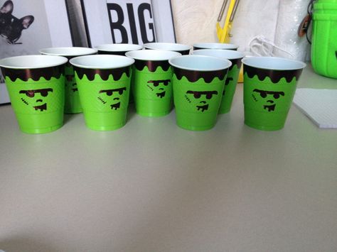 Frankenstein cups ready for Thursday Frankenstein Cups, Halloween Bulletin Boards, Solo Cup, Frankenstein, Bulletin Boards, Halloween Decor, Halloween Decorations, Decor Ideas, Halloween