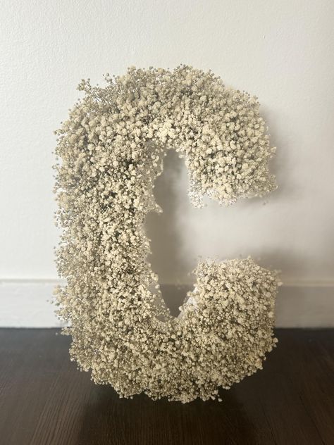 Elegant Dried Baby's Breath Letter Add a touch of timeless beauty to your home or special event with this stunning, 16-inch letter crafted from real, dried baby's breath flowers. Each letter is uniquely handmade, ensuring a one-of-a-kind piece. The delicate white blooms create a soft and ethereal look that complements any decor. Perfect for: Nurseries: A charming and personalized touch for your little one's room. Wedding Decor: A unique and romantic centerpiece for your special day. Home Decor: A beautiful and eye-catching piece for any room. Customize your order: Choose from any letter or number to create a truly personalized piece. Dimensions: 16 inches tall Material: Real, dried baby's breath flowers Care: Handle with care and avoid direct sunlight to preserve the blooms. Whimsical Romantic Wedding Decor, Faux Flower Wedding Decor, Baby's Breath Aisle Decor, Handmade Wedding Decor, Baby Breath Baby Shower Decor, Baby Breath Wedding Centerpieces, Baby’s Breath Centerpiece Diy, Babysbreath Decor Wedding, Baby Breath Wedding Decor