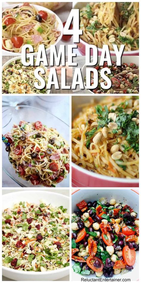 4 Game Day Salads to Serve a Crowd #gameday #salads #superbowlsalads via @sandycoughlin Football Party Salads, Football Salad Recipes, Tailgate Salad Ideas, Game Day Salad, Super Bowl Salad Ideas, Gameday Sides, Tailgate Salad Recipes, Game Day Sides Dishes, Crazy Salad Recipe