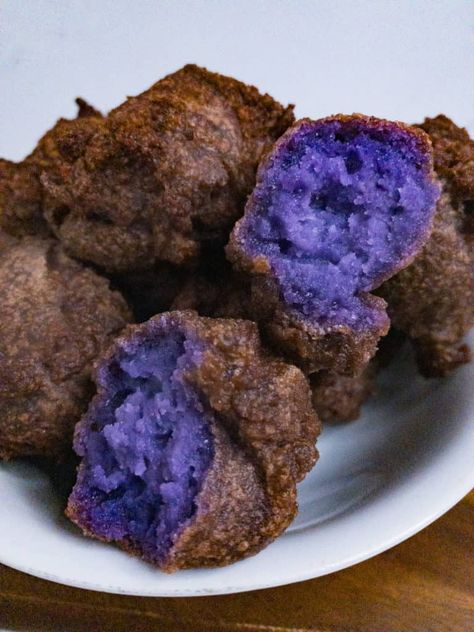 Ube Mochi Donuts - She's Almost Always Hungry Malasadas Recipe Portuguese, Malasadas Recipe Hawaii, Ube Mochi Recipe, Malasadas Recipe, Cream Cheese Squares, Ube Mochi, Ube Extract, Cheese Squares, Super Easy Desserts