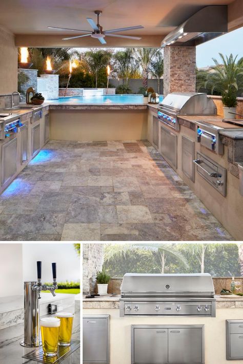 Outdoor Sunken Kitchen, Lynx Outdoor Kitchen, Backyard Landscape Design With Pool, Outdoor Kitchen With Swim Up Bar, Outdoor Kitchen Flat Top Grill, Outdoor Kitchen And Bar By Pool, Pool With Bar Around It, Backyard Patio Designs With Pool Outdoor Kitchens, Outdoor Kitchen Flooring Ideas