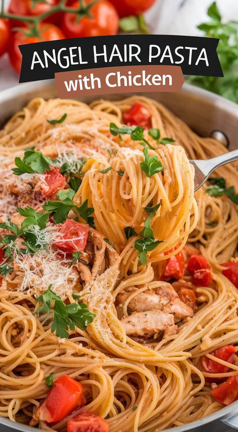 Light and delightful, this Angel Hair Pasta with Chicken is a must-try! With tender chicken and a light garlic sauce, it's a quick and easy dish that's perfect for busy weeknights! Angel Hair Pasta Dinner Recipes, Angel Hair Pasta And Chicken Recipes, Angel Hair Pasta And Shrimp, Angel Hair Pasta Sauce, Chicken Angel Hair Pasta Recipes, Chicken And Angel Hair Pasta Recipes, Recipes With Angel Hair Pasta, Angle Hair Pasta Recipes, Angel Hair Chicken Pasta