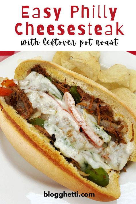 This easy Philly Cheesesteak recipe with melted provolone cheese, onions, peppers, mushrooms, and leftover pot roast makes one delicious sandwich. Bonus points for it being under 30 minutes from start to finish! Save that leftover roast for this easy dinner recipe. Leftover Pot Roast Recipes Sandwiches, Leftover Roast Beef Recipes Sandwiches, Recipes For Leftover Roast, Leftover Beef Roast Recipes Easy Dinners, Leftover Roast Recipes, Leftover Pot Roast Recipes, Grilled Cheese Hot Dog, Leftover Roast Beef Recipes, Grilled Italian Sausage