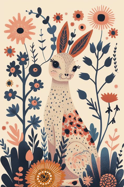 Nordic Folk Art Poster with Bunny and Flowers Nordic Animals Illustration, Xmas Calendar, Nordic Illustration, Folk Art Animals, Bunny And Flowers, Nordic Folk Art, Nordic Aesthetic, Folk Illustration, Inspirational Digital Art