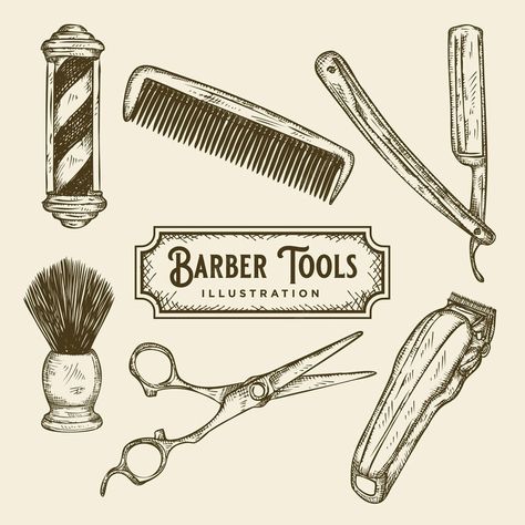 Barber Art Illustrations, Barber Illustration, Barber Shop Illustration, Barber Tools Drawing, Barber Sticker Design, Barber Sticker, Barber Business Cards, Visiting Card Templates, Business Card Set