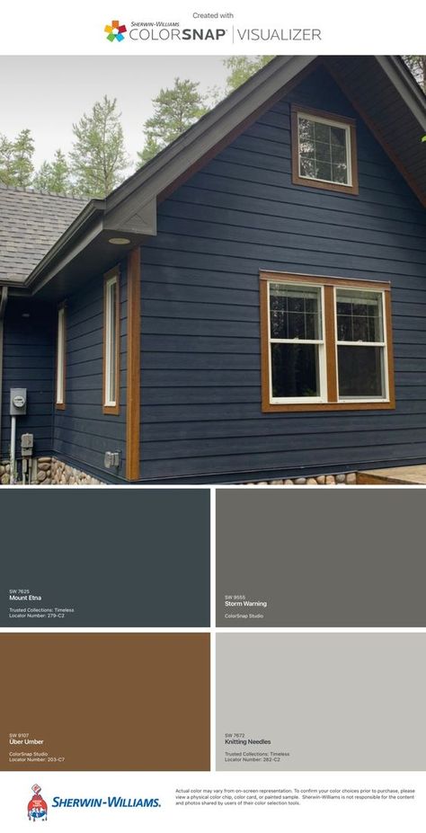 Dark Navy Exterior House, Siding And Shutter Colors Combinations, Charcoal Grey House Exterior, Cabin Paint Colors, Dark Blue House Exterior, Dark Blue Houses, Blue Shed, Blue Siding, Gray House Exterior