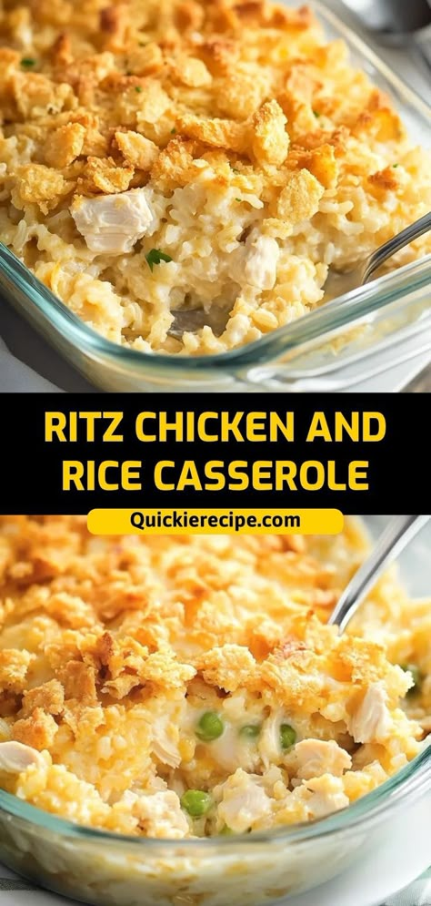 This Ritz Chicken and Rice Casserole is creamy, cheesy, and topped with a buttery Ritz cracker crust. It’s a comforting and delicious meal everyone will love. Ingredients: 2 cups cooked chicken, shredded 2 cups cooked rice 1 can cream of chicken soup 1 sleeve Ritz crackers, crushed A hearty, cheesy casserole with the perfect crunchy topping Cream Of Chicken Casserole, Ritz Cracker Crust, Creamy Chicken And Rice Casserole, Shredded Chicken Casserole, Ritz Cracker Chicken Casserole, Ritz Chicken Casserole, Ritz Chicken, Ritz Cracker Chicken, Cracker Chicken