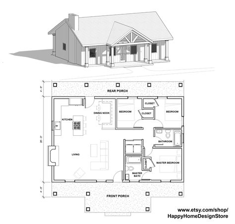 Cottage 3 Bed 2 Bath 40'x26' Custom House (Instant Download) - Etsy Custom House Plans, 3 Bedroom Floor Plan, Open House Plans, Cottage Floor Plans, Tiny House Layout, Cabin Floor Plans, Tiny House Inspiration, Small House Floor Plans, Custom Home Plans