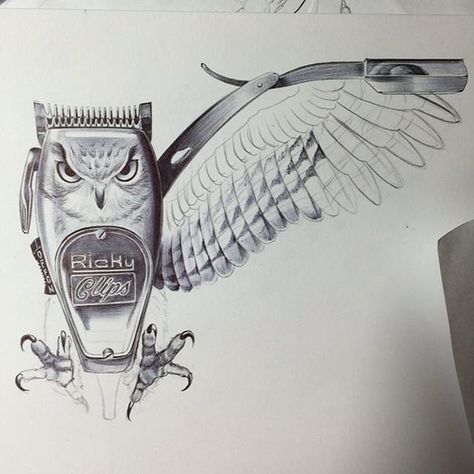 Check out this really cool art by @rickyclipz Now that's using your imagination. #art #barber #barbershop #clippers #safetyrazor #shavette #owl Barber Clippers Tattoo, Barber Art Design, Clipper Tattoo Barber, Barber Logo Ideas, Barber Pole Tattoo, Barber Tattoo Ideas, Barber Shop Ideas, Barber Logo Design, Barber Shop Art