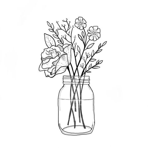 Mason jar with wildflowers | Black and white minimalist illustration | Floral Illustration Wildflowers Drawing, Simple Flower Drawing, Floral Sketch, Arte Doodle, Flower Drawing Tutorials, Men Tattoos, Flower Drawing Design, Flower Sketches, Sketches Simple