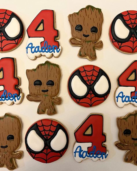 4th birthday marvel themed sugar cookies Birthday Marvel, Marvel Valentines, Happy Birthday Cookies, Guardians Of Galaxy, Happy Birthday Cookie, Baby Groot, Pretty Birthday Cakes, Valentine Cookies, Surprise Party