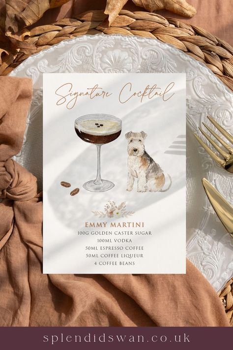 custom wedding cocktail sign with watercolour illustration of dog themed Espresso Martini cocktail Dog Cocktail Wedding, Signature Cocktail Ideas, Wedding Cocktails Recipes, Castle Wedding Invitations, Wedding Easel, Dog Cocktail, Signature Cocktail Menu, Personalized Wedding Menu, Wedding Cocktail Hour