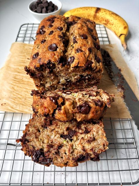 Gluten-free Chocolate Chip Zucchini Banana Bread Protein Breads, Protein Banana Bread Recipe, Choc Chip Banana Bread, Use Up Ripe Bananas, Persian Chicken, Banana Bread Vegan, Protein Banana Bread, Cucumber Dip, Zucchini Banana