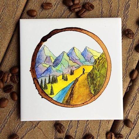 Coffee Ring Art, Climbing Art, Coffee Ring, Art Coaster, Sharpie Art, Vw Van, Tile Coasters, Mountain Art, Coffee Art