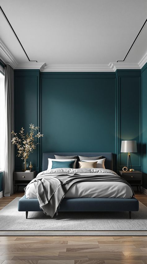 Dark Teal Bedroom Teal Color Palette Bedroom, Dark Teal Walls, Teal Bedrooms, Dark Teal Bedroom Ideas, Dark Teal Bedroom, Teal Bedroom Ideas, Bedroom Teal, Teal Color Palette, Bedroom Dark