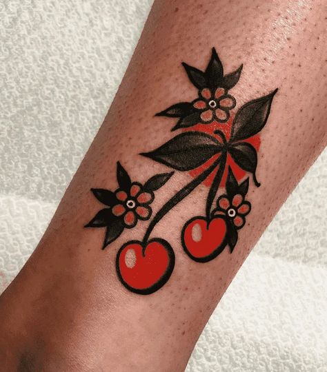 Cherry And Dice Tattoo, American Traditional Tattoos Cherry, Tradition Tattoo Woman, Old School Cherry Tattoo, Traditional Tattoo Cherries, Anti Valentine’s Day Tattoos, Cherry American Traditional Tattoo, American Traditional Cherries, Traditional Cherries Tattoo