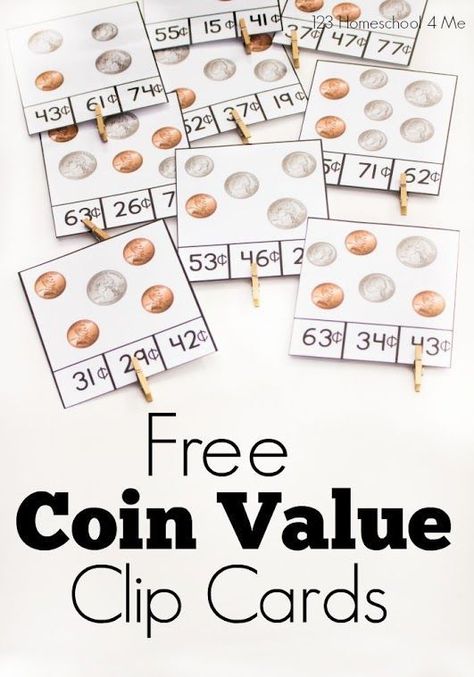 FREE Coin Value Clip Cards - great printable for helping kids practice counting money (math, 1st grade, 2nd grade, 3rd grade) Math 1st Grade, Teaching Money, Money Activities, Coin Games, Counting Coins, Money Math, Counting Money, Money Games, Second Grade Math