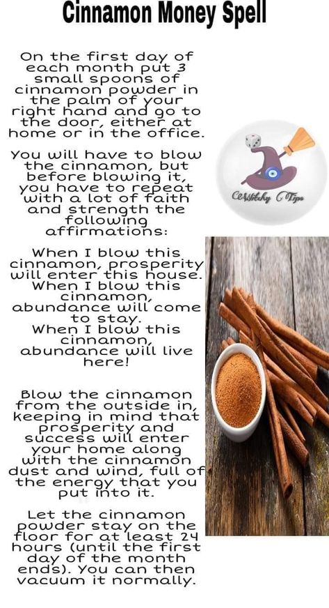 New Moon Cinnamon Ritual, Cinnamon Affirmations, Cinnamon For Prosperity, Money Luck Spell, Money Rituals Magic Spells Cinnamon, Abundance Spell Chant, Cinnamon Ritual For Money, Cinnamon Money Rituals, Cinnamon Front Door Spell