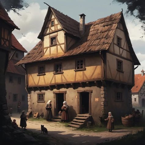 czech medieval poor family house, children around, b... Medieval Bakery Concept Art, Poor House, Poor Family, Medieval Houses, Save File, Art Dark, Building Ideas, Medieval Art, House Layouts