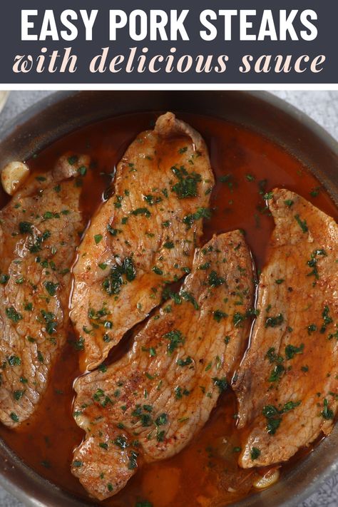 Pork steaks with delicious sauce on a skillet Pork Steak Recipe, Pork Steaks, Portuguese Cuisine, Pork Steak, Marinated Pork, Steak Recipe, Easy Pork, Steak Sauce, Tasty Recipe