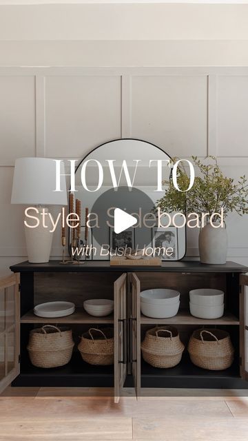 Sarah Ames | Attainable Home Design on Instagram: "How to style a sideboard + a free visual styling guide when you comment WESTBROOK. Plus use code SARAH20 for 20% off your order.  I’m loving the design of the Westbrook sideboard by @bushhome_furniture. I can’t get enough of the exposed wood finish that can be seen through the pane glass doors. The doors are also a beautiful way to store but also display your favourite serving wares. Plus the shelves are deep, allowing for larger items to fit perfectly.  .  . . . . . . #HowToStyle  #StylingTips #InteriorDesignTips #interiorstyling #HomeTips #DesignTips #DecorTips #HomeBlogger #diningroomdecor #diningroomdesign #sideboardstyling #Decoratingtips #interiordesign #interioredesigner #interioredesign" Styling Sideboard Dining Room, Side Board Decor Ideas, Decorating A Sideboard, Styling Sideboard, Dining Room Sideboard Styling, Style A Sideboard, Side Board Decor, How To Style A Sideboard, How To Decorate A Sideboard