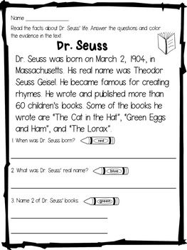 This Dr. Seuss Close Reading and Activities pack contains a variety of activities related to Dr. Seuss.Activities Included:*close reading passage on Dr. Seuss' biography in 4 versions *True/False chart *8 statements about Dr. Seuss that need to be cut and paste on the True/False chart *Tags for students to wear during Read Across America Day *Roll the dice and read Dr. First Birthday Activities, March Lessons, March Reading, March Ideas, Dr Seuss Classroom, Dr Seuss Activities, Dr Seuss Crafts, 2nd Grade Activities, Seuss Classroom