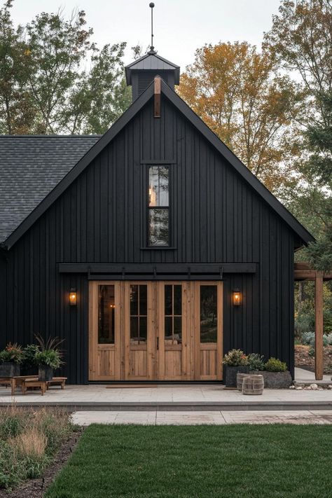 Rustic Modern Exterior, Barn House Ideas, Black Pole Barn House, Barn Homes, Modern Barn House Exterior, Black Pole Barns, Barn Exterior Ideas, Rustic Barn Homes, Converted Barn Homes