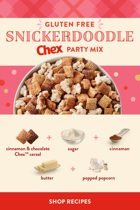 Serve up all that cinnamon sugar sweetness with this delicious recipe. It's ready in just 15 minutes! ⏲️ Shop recipe. Snickerdoodle Chex Mix Recipes, Gluten Free Chex Recipes, Gluten Free Snickerdoodle, Gluten Free Chex, Chex Recipes, Cinnamon Chex, Gluten Free Snickerdoodles, Chex Party Mix, Chex Cereal